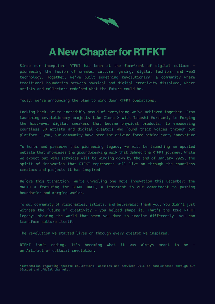 耐克旗下NFT项目RTFKT将逐步停止运营