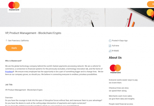 万事达MasterCard新增高管招聘信息 推进加密钱包开发