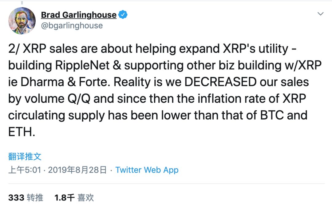 Twitter精选 | 瑞波CEO：我们在设定行业标准，XRP的通胀率比BTC、ETH低很多