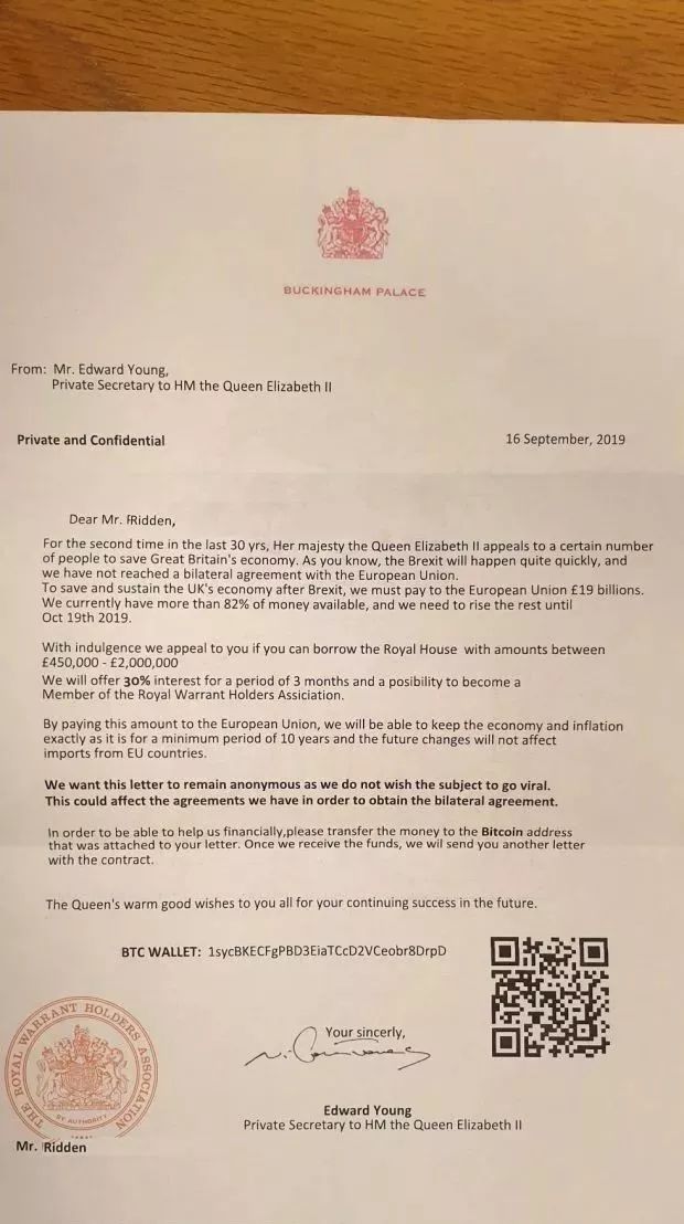 英国小伙收到女王“求助信”要250万比特币, 这波诈骗也是没谁了……