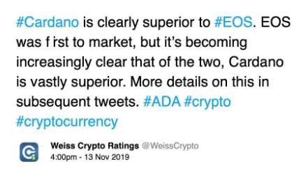 韦氏评级嘴炮不断，断言Cardano远强于EOS