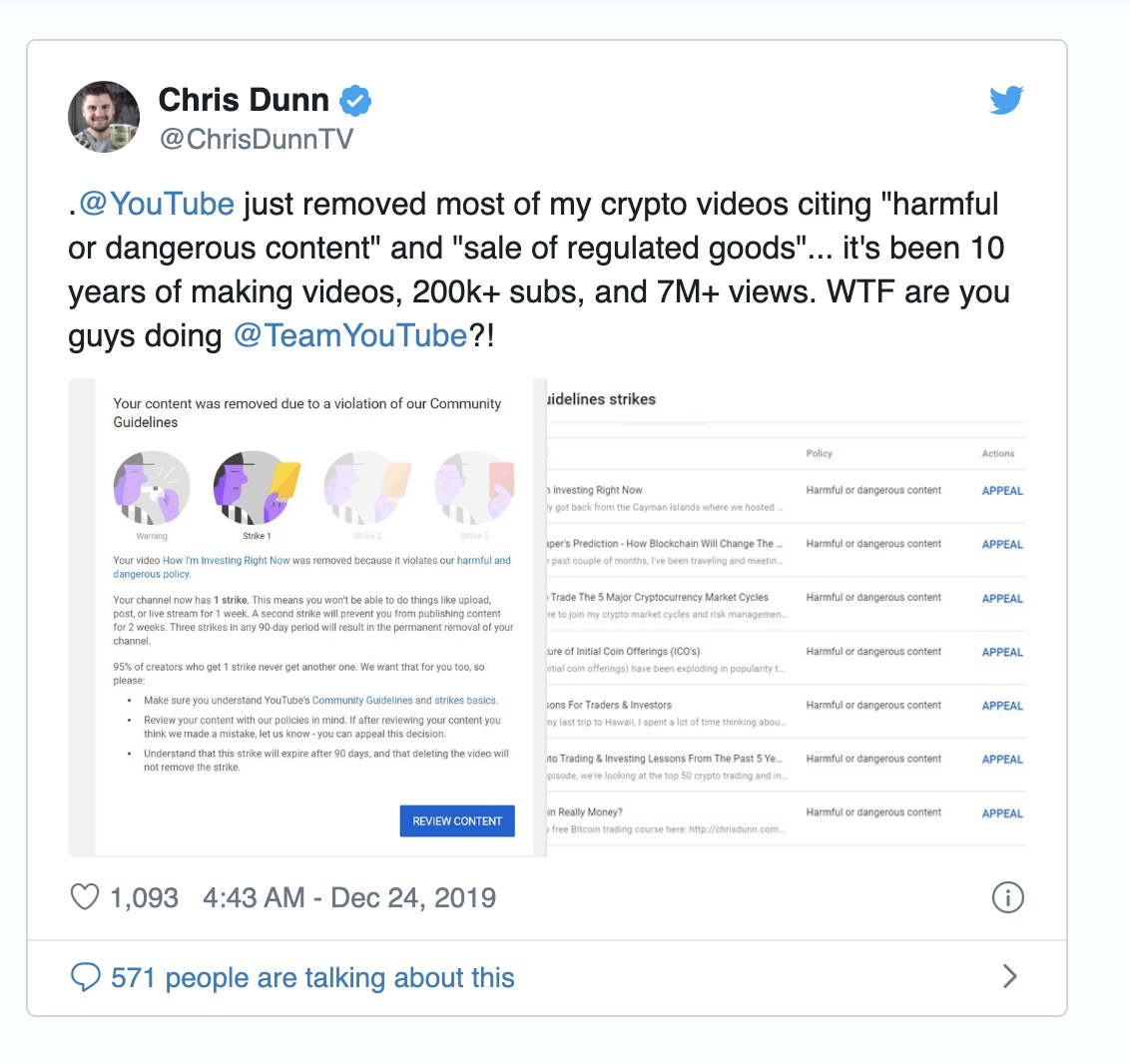 多位Youtube加密博主在没有任何通知下被删除大量视频