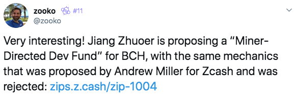 Twitter精选|矿工反对，雷同Zcash被拒绝提案，江卓尔第二版BCH矿工税提案面临质疑