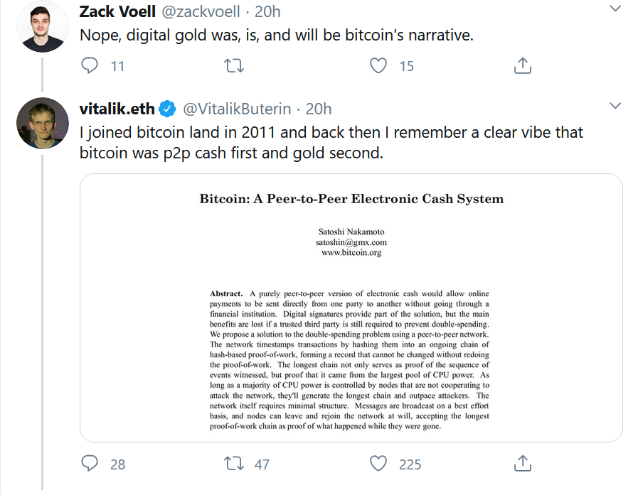 Vitalik与比特币开发者激辩:比特币首先是P2P现金,其次才是数字黄金