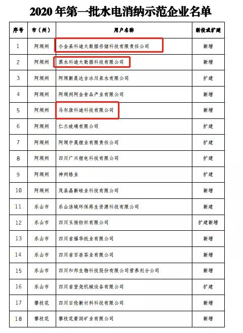 四川首批“水电消纳示范企业”公布，含多个比特币挖矿公司