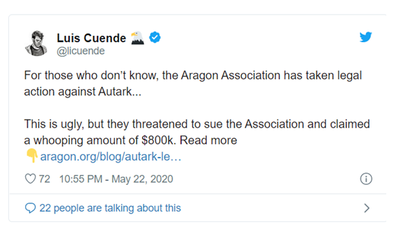 DAO法律战，Aragon被他儿子告上了法庭