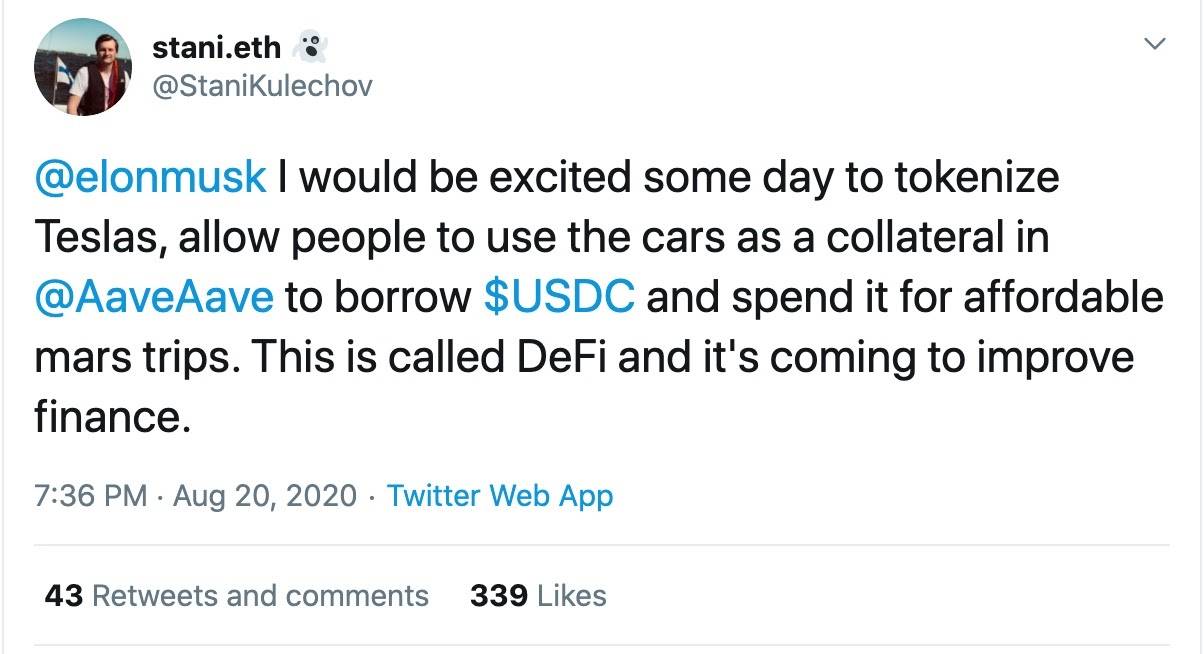DeFi项目Aave的CEO希望将特斯拉代币化，马斯克尚未回应