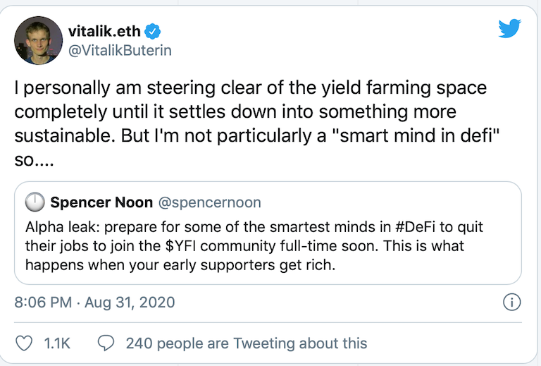 Vitalik:Yield Farming市场的高收益是不可持续的,自己会尽量避开这一领域