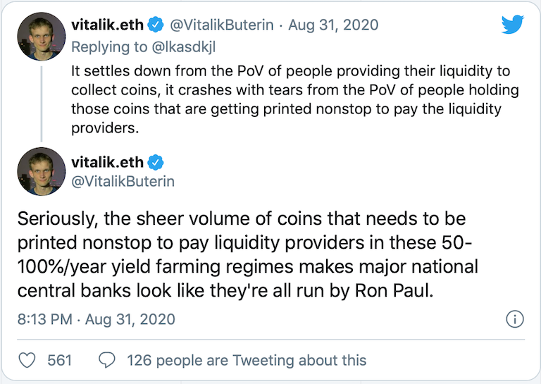 Vitalik:Yield Farming市场的高收益是不可持续的,自己会尽量避开这一领域