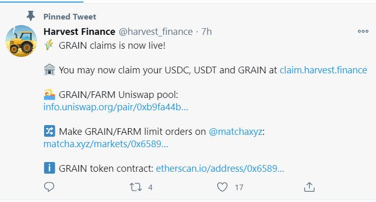 Harvest Finance赔付方案实施,无奈补偿的GRAIN上线即暴跌