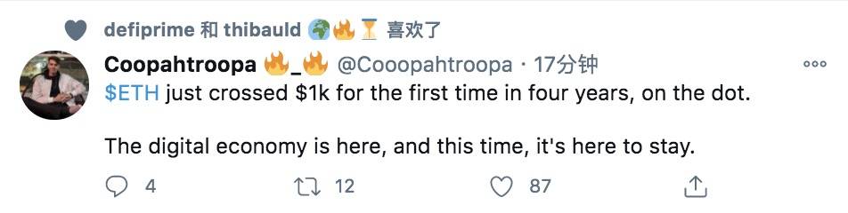 以太币突破1000美元，牛疯了！