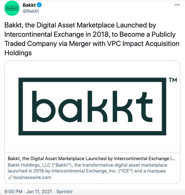 Bakkt将通过SPAC合并上市,估值达21亿美元