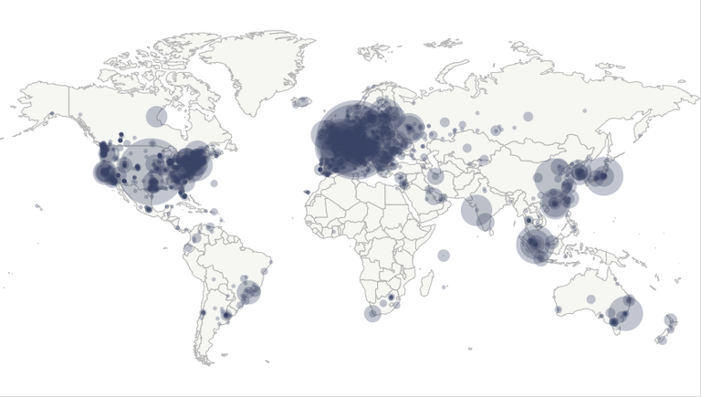 绝大多数比特币节点集中在发达国家。(图片:Bitnodes)