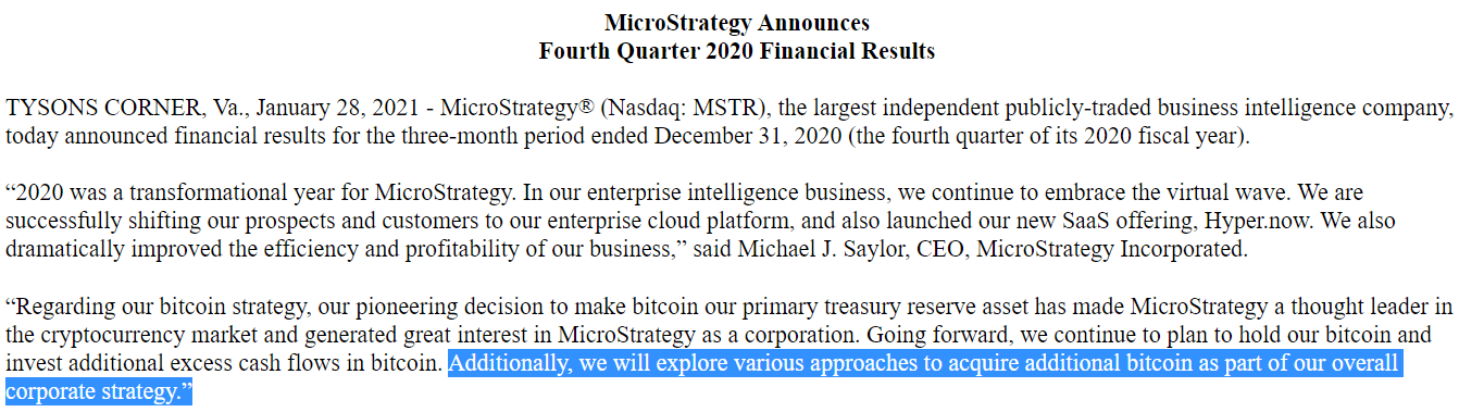 -MicroStrategy 去年第四季财报封面截图(2021/01/29)-