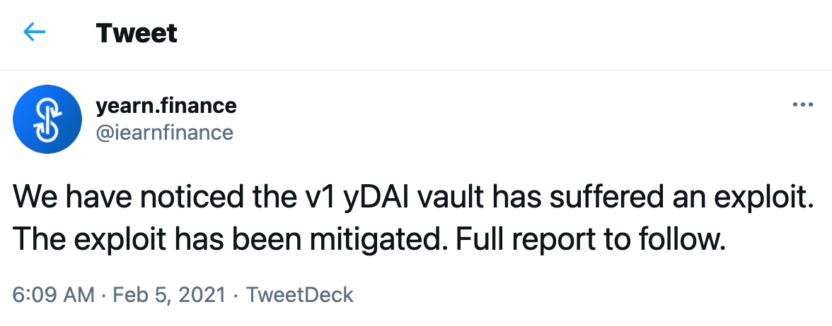 Yearn 遭到攻击损失1100万美元,目前该漏洞已得到缓解