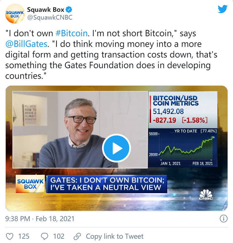 比尔·盖茨:我不拥有比特币,我对比特币态度中立