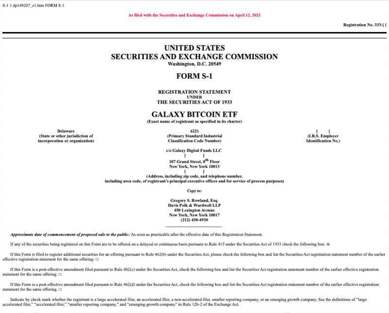 美国队再添一员:Galaxy Digital向SEC提交比特币ETF申请