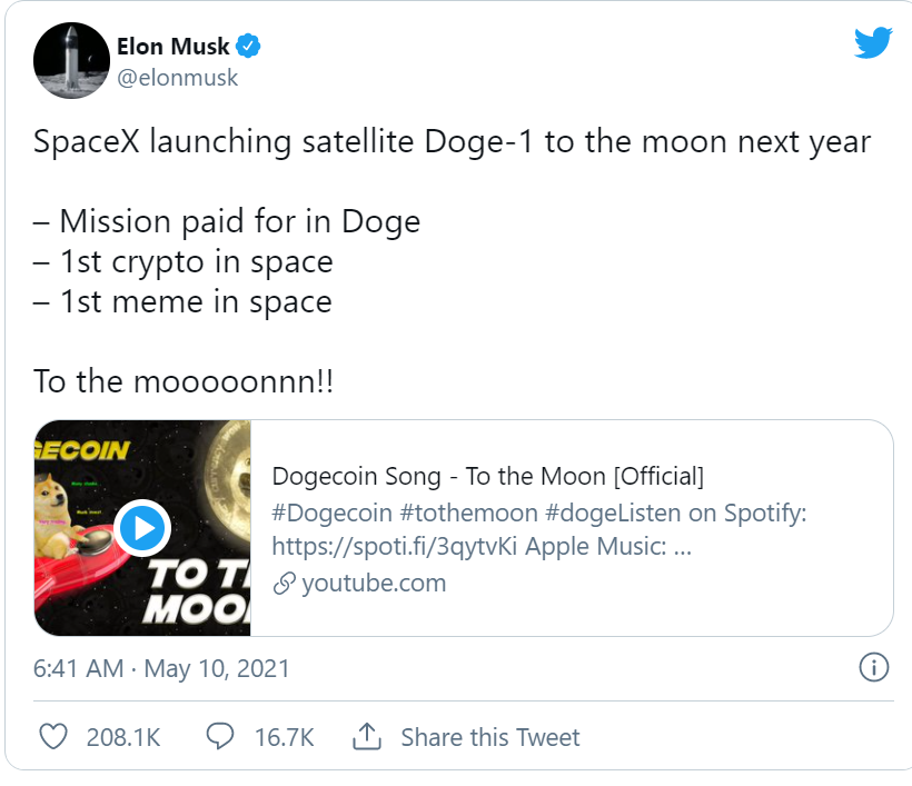 再为狗狗币带货!马斯克宣布SpaceX接受狗狗币支付,明年向月球发射狗狗一号卫星