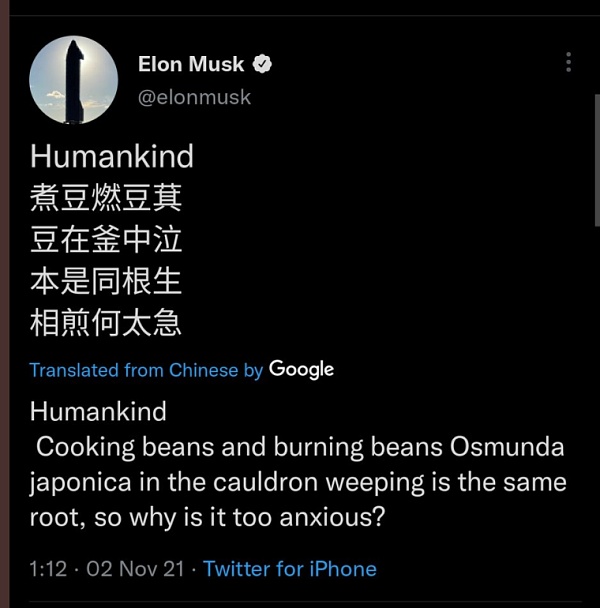 马斯克发了曹植的《七步诗》 一些老外坚持认为这是菜谱