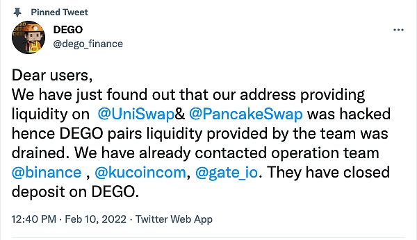 被盗约1700万美元 DeFi 世界的乐高Dego Finance就这样“塌了”吗？