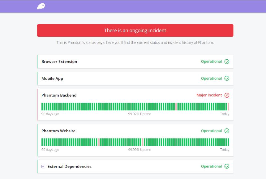 Phantom's status page shows the "major issue"