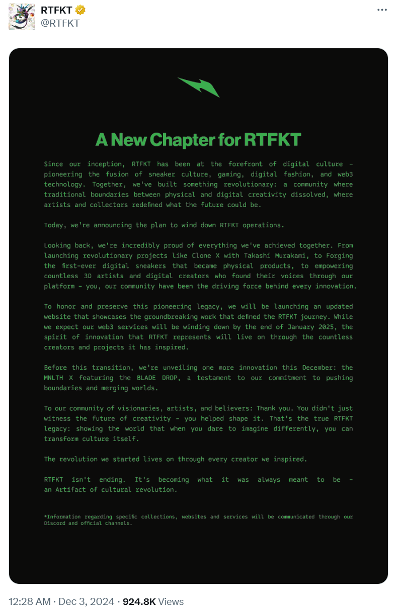 RTFKT宣布停止运营，老蓝筹NFT在新牛市的落幕