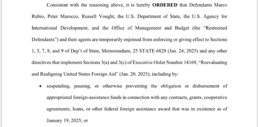 美国地方法院法官阿米尔·阿里(Amir Ali)作出的裁决阻止特朗普政府冻结外国援助资金