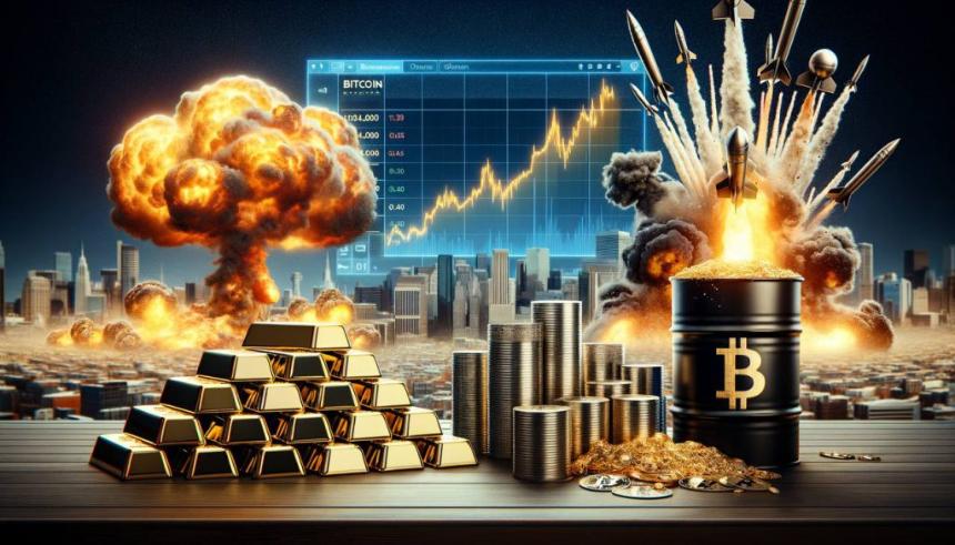 黄金、白银和比特币反弹的图像,背景描绘炸弹和崩盘以及溢出的油桶