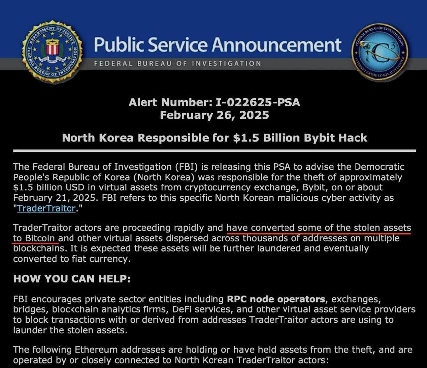 联邦调查局(FBI)发布声明指责北朝鲜参与Bybit黑客攻击