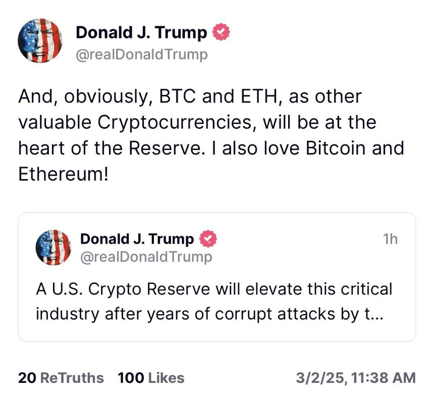 特朗普表示他喜欢比特币和以太坊,并将它们视为其加密战略储备的核心部分。