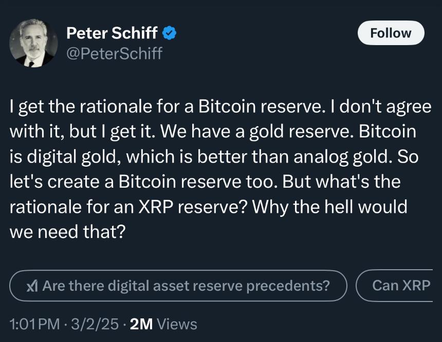 加密批评家彼得·希夫的帖子截图,批评特朗普决定将XRP等替代币加入美国加密储备