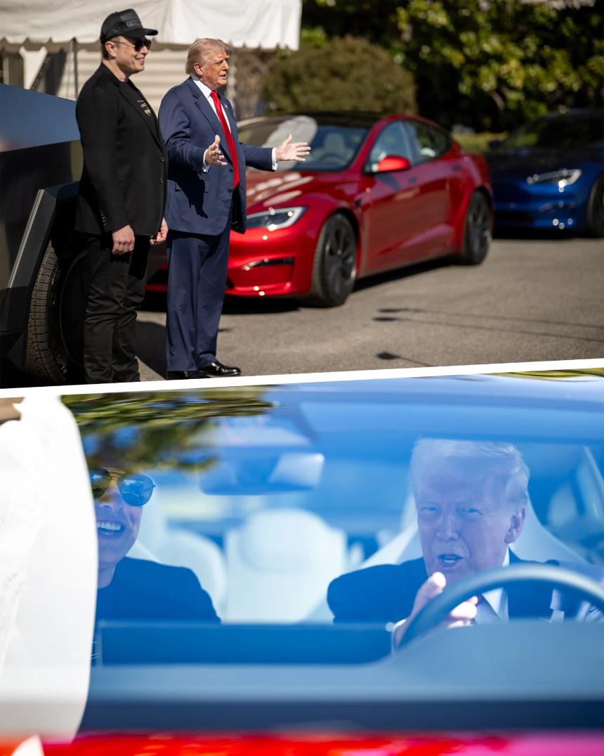 Elon Musk poses beside President Trump after delivering his new Tesla