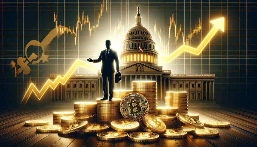 商业人物站在比特币硬币上，背景为国会大厦和上升的加密货币图表