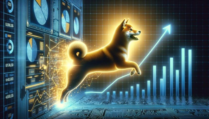 金色柴犬跃升于蓝色上涨价格图表，伴随金融数据可视化