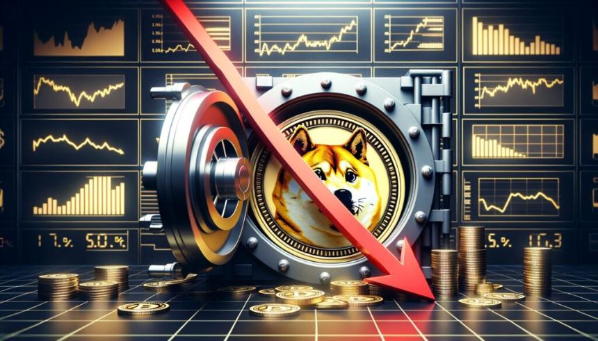 Dogecoin logo inside vault with downward red arrow and financial charts