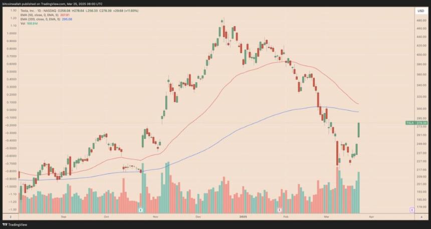 Tesla stock chart showing significant decline since late 2024