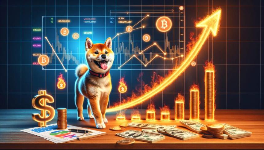 柴犬标志伴随上涨趋势的价格图表和燃烧代币