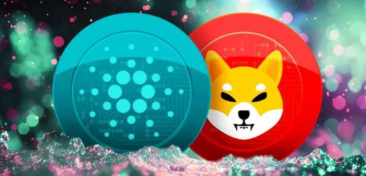 Cardano and Shiba Inu logos on colorful background