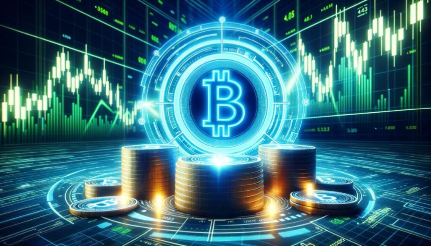 比特币价格可视化与全息符号和堆叠硬币