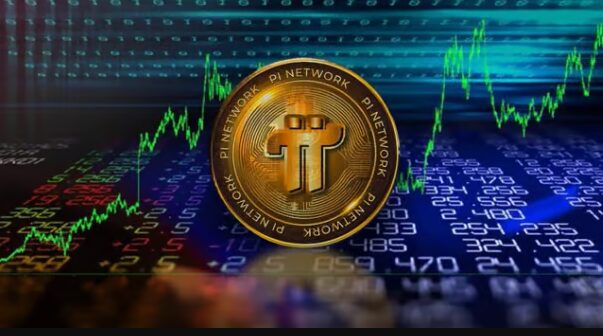 Pi Network coin against digital chart background showing upward price movement