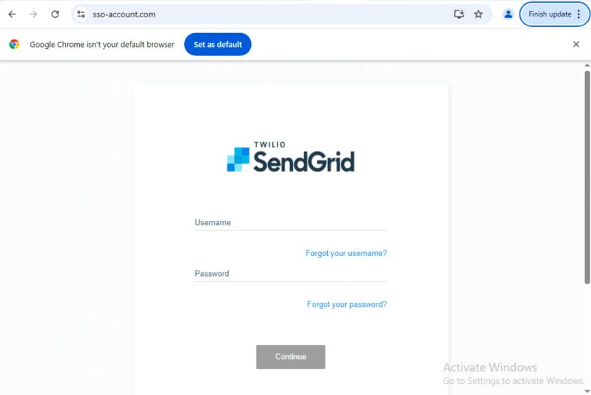 A fake SendGrid page generated as part of the PoisonSeed malware campaign. 