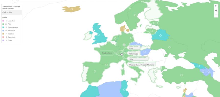 Map showing global CBDC initiatives with Switzerland highlighted