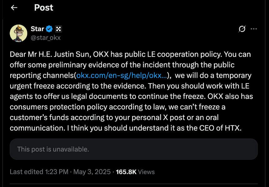 OKX hits back at Justin Sun over mysterious freeze notice.