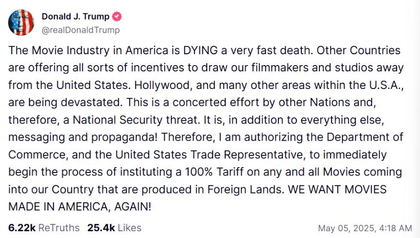 特朗普暗示对在美以外地区制作的电影征收100%关税