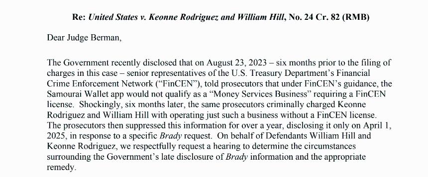 A new filing shows FinCEN told prosecutors that Samourai Wallet was not a money transmitter. They charged its founders anyway—and kept that fact hidden for over a year. 