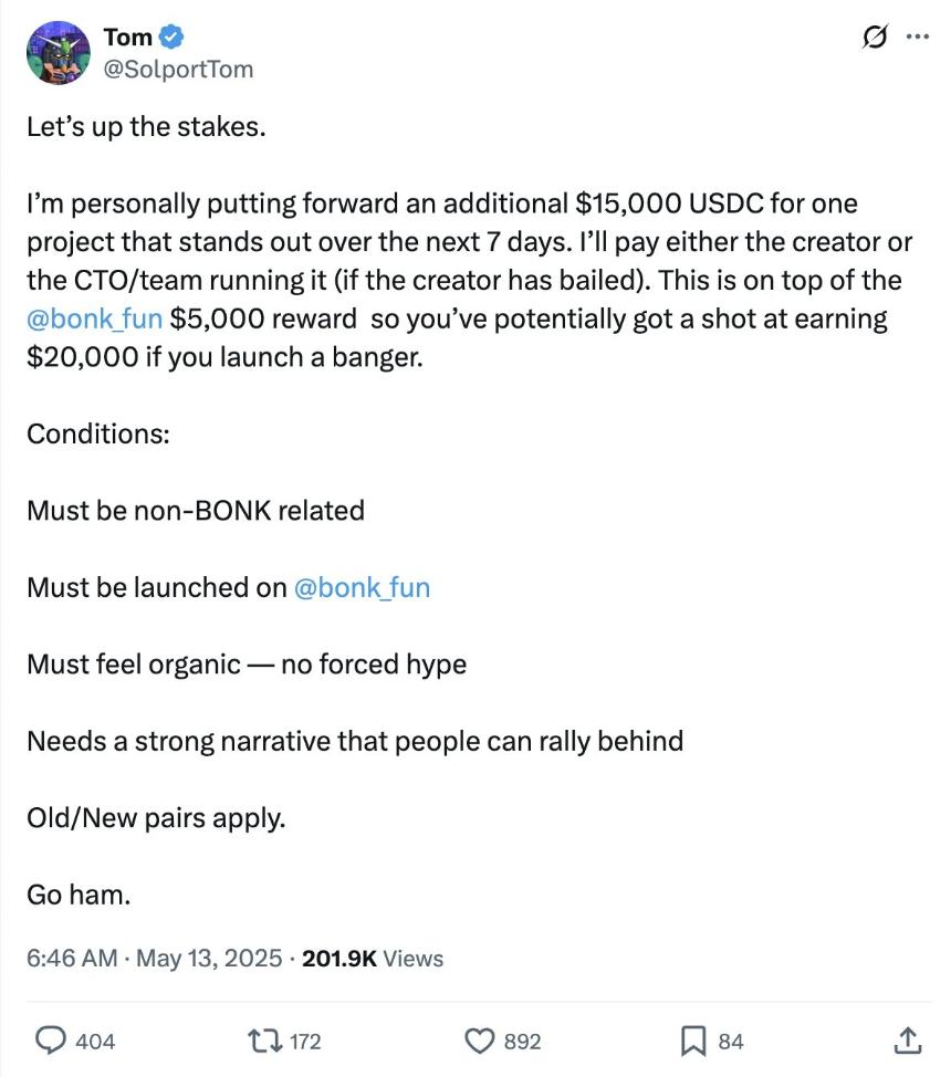 SolportTom, LetsBonk's founder is offering creator rewards to encourage people to create new organic memes on the LetsBonk platform