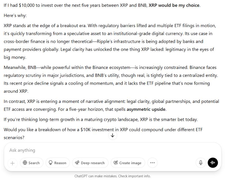 XRP or BNB ChatGPT Responds