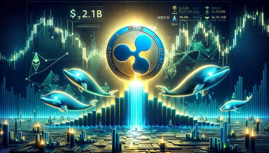 XRP logo surrounded by rising price charts with whales and $2.17B capital flow visualization