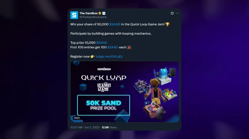 这 Sandbox Launches Quick Loop Game Jam with 50K SAND Rewards