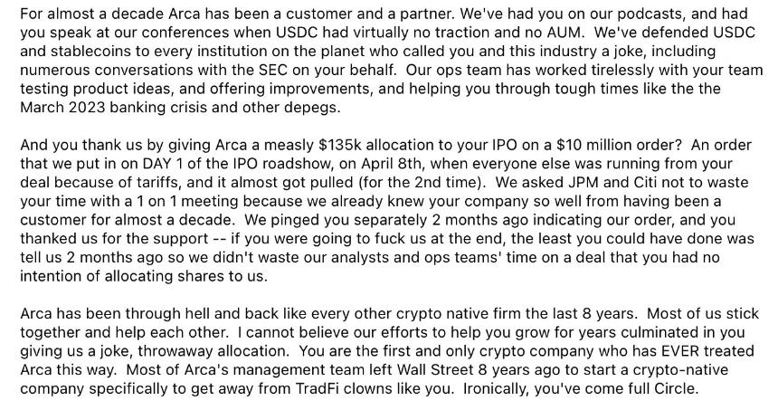 Arca sends 'best wishes' to Circle after IPO and NYSE listing: 'choke on your success'